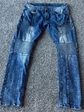 ROK Moto Jeans Mens 34x32 Biker Denim Ribbed Panel Distressed Streetwear